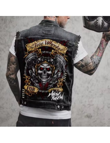 Veste Jean manches courtes délavée imprimé Tête de Mort Dark Rider de pas cher