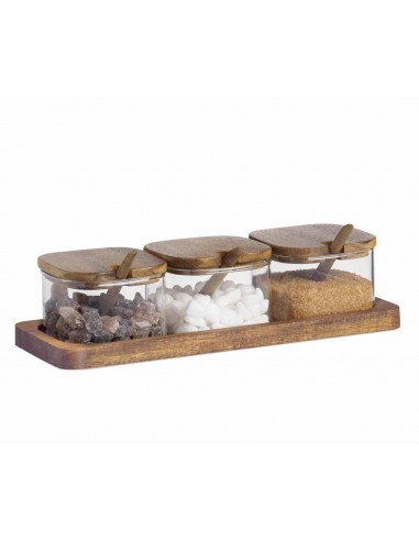 Set de 3 pots en verre avec cuillères – support en bois d’acacia, élégance et praticité offre 